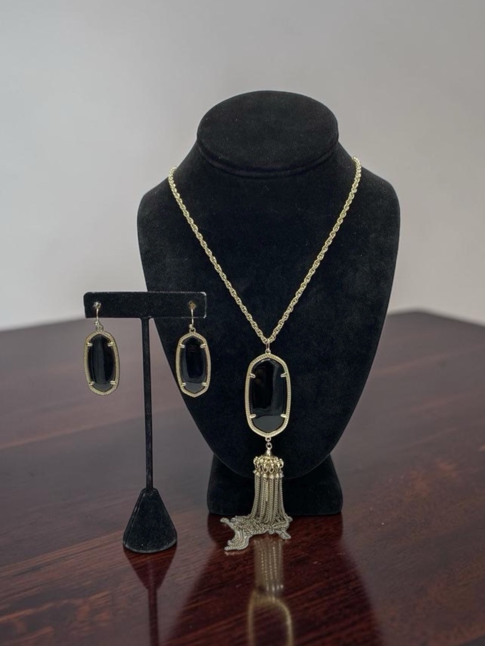 Kendra Scott Black and Gold Tassel Pendant Necklace with Matching Earrings